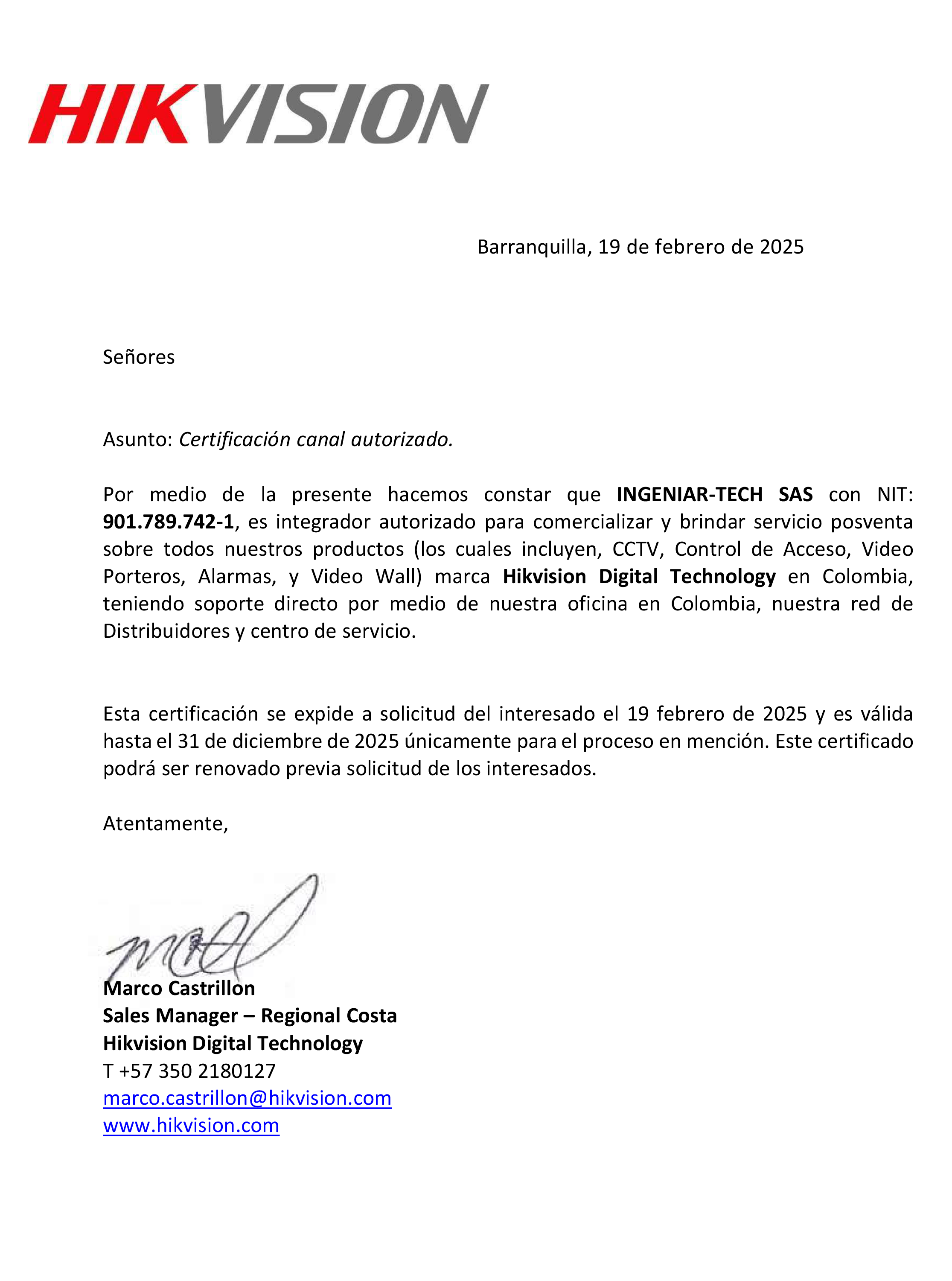 Certificado Canal Autorizado Hikvision Ingeniar-Tech actualizado Certificado Canal Autorizado Hikvision Ingeniar-Tech actualizado